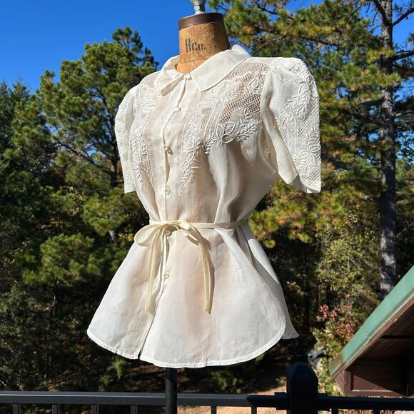 Vintage 70s Ivory Sheer Organza Puff Sleeve Cut Out Coquette Sash Waist Blouse - Picture 6 of 7